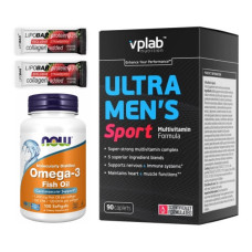 Набір "Здоров’я щодня для чоловіків Sport" Multivitamin Ultra Men's Sport 90 капсул плюс Omega-3 1000мг 100 капсул плюс Протеїнові батончики (випадкові з наявних)