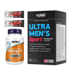 Набір "Здоров’я щодня для чоловіків Sport" Multivitamin Ultra Men's Sport 90 капсул плюс Omega-3 1000мг 100 капсул плюс Протеїнові батончики (випадкові з наявних)