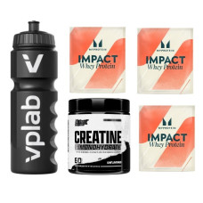 Набір Трійка - Питна пляшка VPLab Drinking bottle Gripper 750 мл Black плюс Creatine Drive 300гр Unflavoured плюс 3 штуки Impact Whey Protein 25г Натуральна полуниця