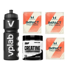 Set of Three - Drinking Bottle Gripper - 750ml Black plus Creatine Drive - 300g Unflavoured plus 3 pc. Impact Whey Protein - 25g Natural Strawberry