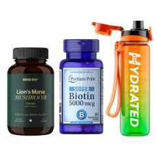 Набір «Витривалість та концентрація» Lion's Mane Mushroom 1000 мг 60 капсул плюс Biotin 5000 мкг - 60 капсул плюс Hydrated Water Bottle 1000 мл Tritan Green Orange