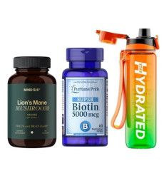 «Endurance and Concentration Set» Lion's Mane Mushroom 1000 mg 60 vegcaps plus Biotin 5000 mcg 60 caps plus Hydrated Water Bottle 1000ml Tritan Green Orange
