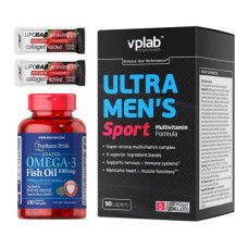 Набір "Здоров’я щодня для чоловіків Sport" Multivitamin Ultra Men's Sport 90 капсул плюс Omega-3 Fish Oil 1000мг 100 капсул плюс Протеїнові батончики (випадкові з наявних)