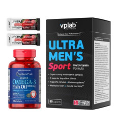 “Everyday Health for Men Sport” Set  Multivitamin Ultra Men's Sport 90 caps + Omega-3 Fish Oil 1000mg - 100 sgels + Protein Bars (Random from stock)
