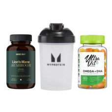 Набір "Фокус та баланс" - Omega 3 и DHA 60 gummies плюс Lion's Mane Mushroom 1000 мг 60 vegcaps плюс Plastic Shaker 600мл Clear Black