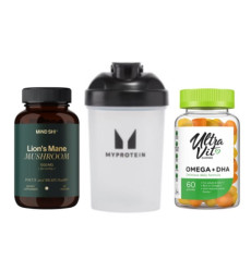 Набор "Фокус и баланс" - Omega 3 и DHA 60 gummies плюс Lion's Mane Mushroom 1000 мг 60 vegcaps плюс Plastic Shaker 600мл Clear Black