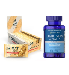 "Daily Support and Balance" Set - Protein Brownie 12x75g White Chocolate plus Hair Skin and Nails Formula Type 1 and 3 Collagen - 60 caps