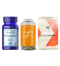 Набор "Ежедневная поддержка Active" -  B-Complex B-12 90tabs ПЛЮС Glutamine 500г ПЛЮС Vitamin D3 180 капсул