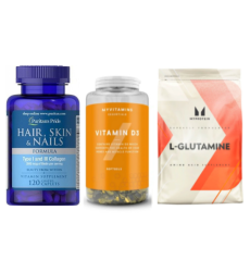 Набор "Ежедневный тонус и уход" -  Hair Skin and Nails Formula Type 1 and 3 Collagen 60 капсул ПЛЮС Glutamine 500г ПЛЮС Vitamin D3 180 капсул