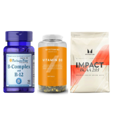 Набор "Активный фокус" -  B-Complex B-12 - 90 tabs ПЛЮС BCAA 2-1-1 Essential 500г ПЛЮС Vitamin D3 180 капсул