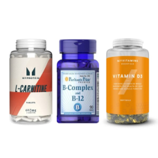 Набір "Активний день" - L Carnitine 180 tabs ПЛЮС B-Complex B 12 90 tabs ПЛЮС Vitamin D3 180 caps