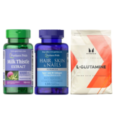 Набор "Активность и ежедневный уход" -  Glutamine 500г ПЛЮС Skin and Nails Formula Type 1 and 3 Collagen 60 капсул ПЛЮС Milk Thistle 4:1 Extract 1000мг 90 softgels