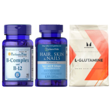 Набір "Енергія та щоденний догляд" - Glutamine 500г ПЛЮС Hair Skin and Nails Formula Type 1 and 3 Collagen 60 капсул ПЛЮС B Complex B 12 90 tabs