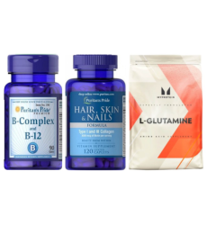 Набор "Энергия и ежедневный уход" -  Glutamine 500г ПЛЮС Skin and Nails Formula Type 1 and 3 Collagen 60 капсул ПЛЮС B Complex B 12 90 tabs