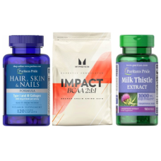 Набір "Баланс руху" - Milk Thistle 4:1 Extract 1000мг 90 softgels ПЛЮС BCAA 2-1-1 Essential 500г ПЛЮС Hair Skin and Nails Formula Type 1 and 3 Collagen 60 капсул