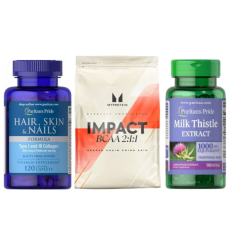 Набор "Баланс движения" -  Milk Thistle 4:1 Extract 1000мг 90 softgels ПЛЮС BCAA 2-1-1 Essential 500г ПЛЮС Hair Skin and Nails Formula Type 1 and 3 Collagen 60 капсул