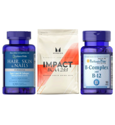 "Energy and Care" Set - B Complex B12 90 tabs PLUS BCAA 2-1-1 Essential 500g PLUS Hair Skin and Nails Formula Type 1 and 3 Collagen 60 caps