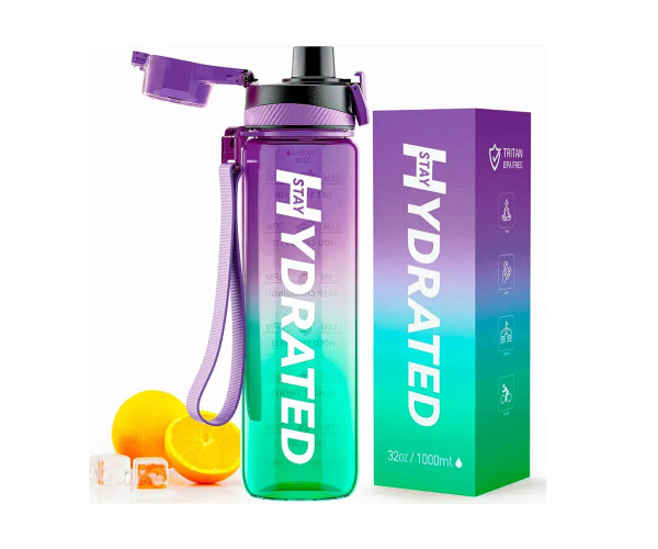 Hydrated Water Bottle - 1000ml Tritan Green Purple