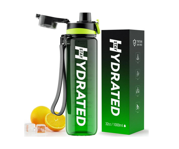 Hydrated Water Bottle - 1000ml Tritan Green Black