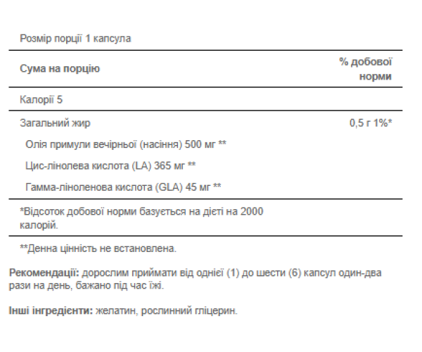 Evening Primrose Oil 500 mg with GLA - 100 Softgels