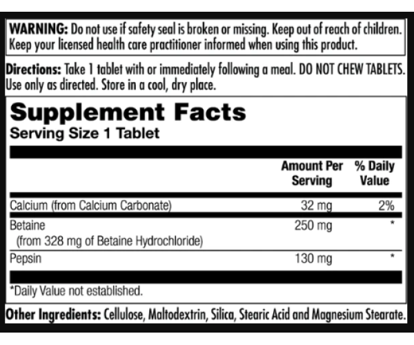 Betaine HCl Plus 250mg - 100 tabs